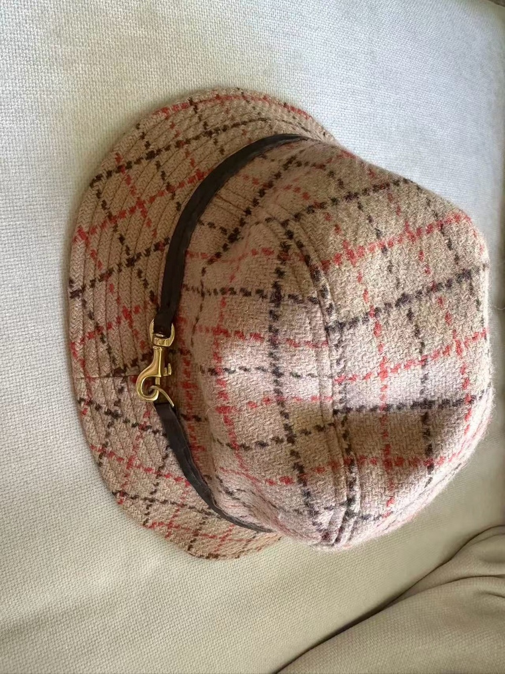 Coach Beige Plaid Bucket Hat with Brown Strap and Gold Hardware